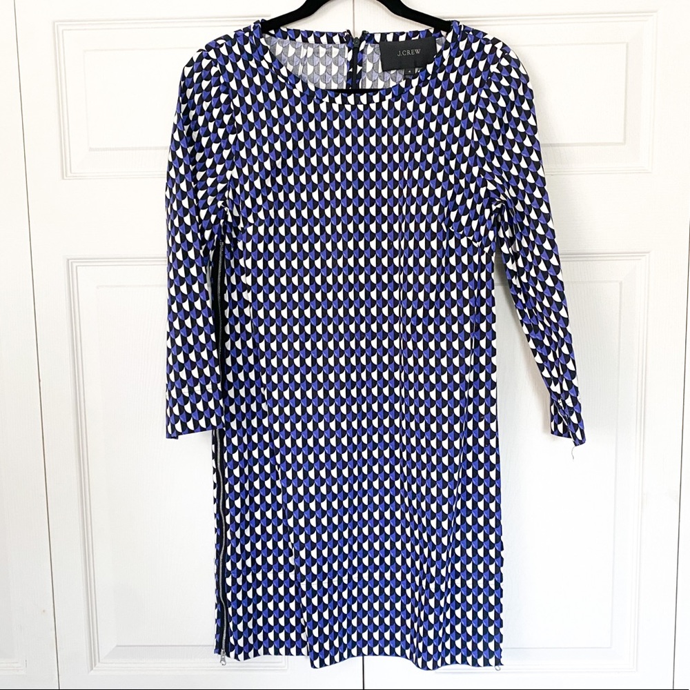 J. CREW purple black white scalloped print long sleeve dress with side zippers